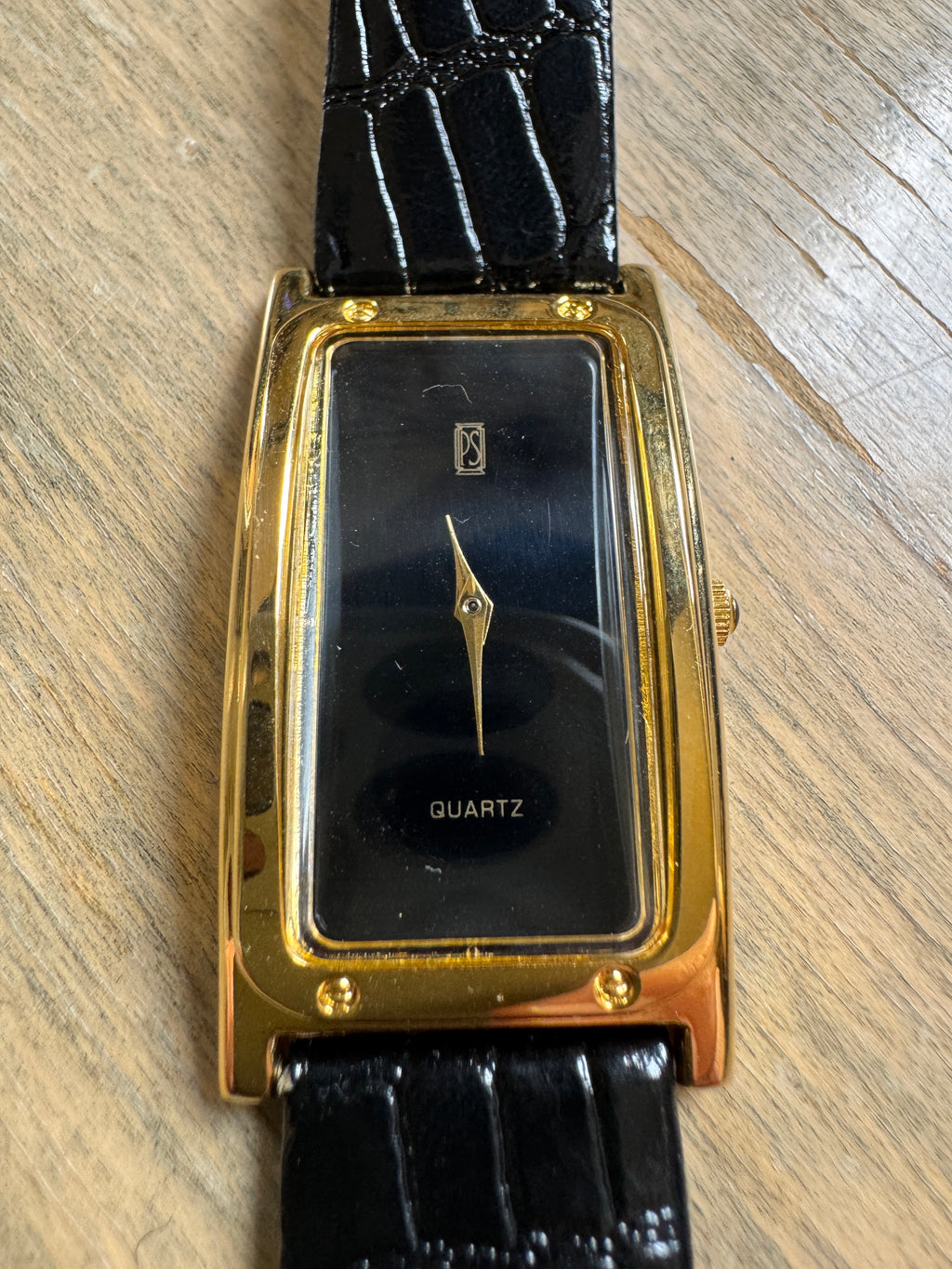 Paul Sebastian Gold-Tone Tank Quartz Watch Black Dial 24x37mm