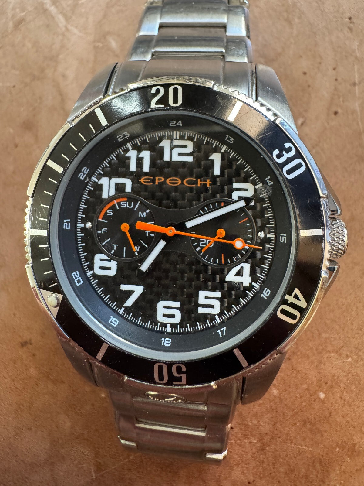 Epoch Men’s Stainless Steel Watch – Carbon Fiber Dial – Orange Accents – 330FT