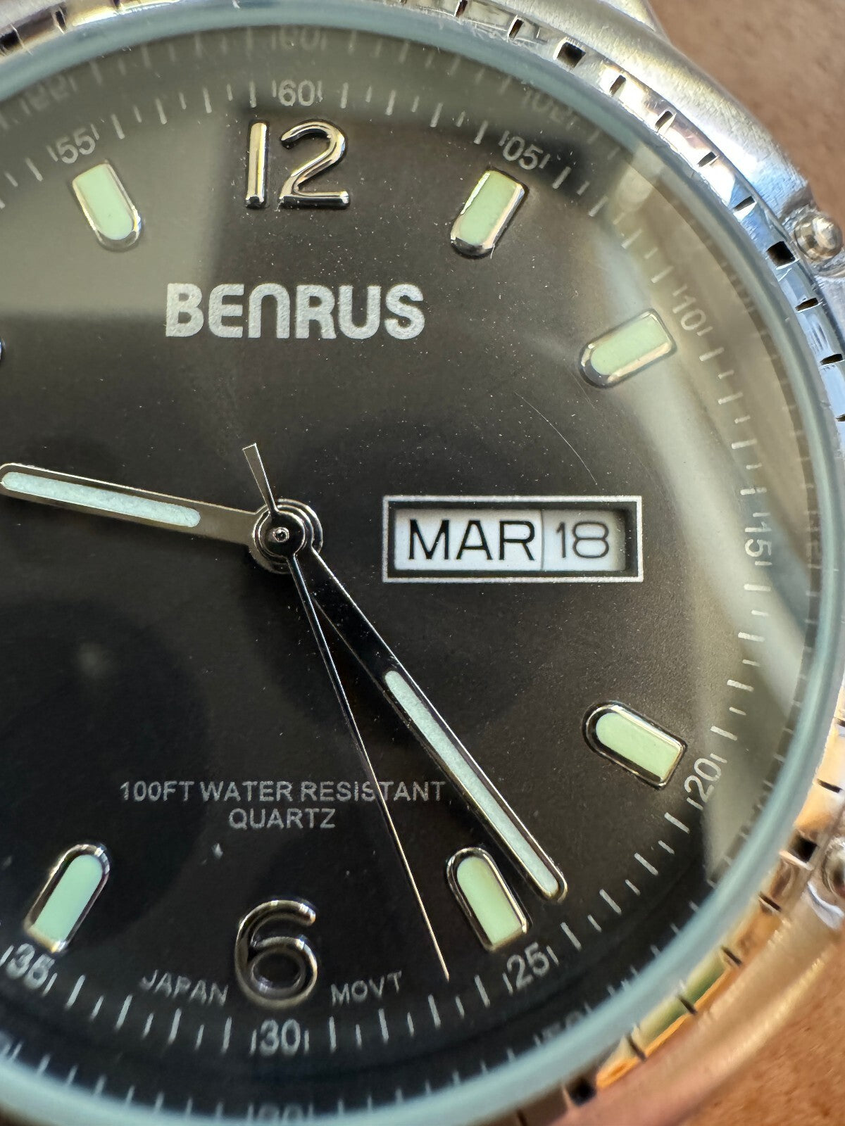 Vintage Benrus Advance Men's Quartz Watch Black Dial Day Date Stainless Steel