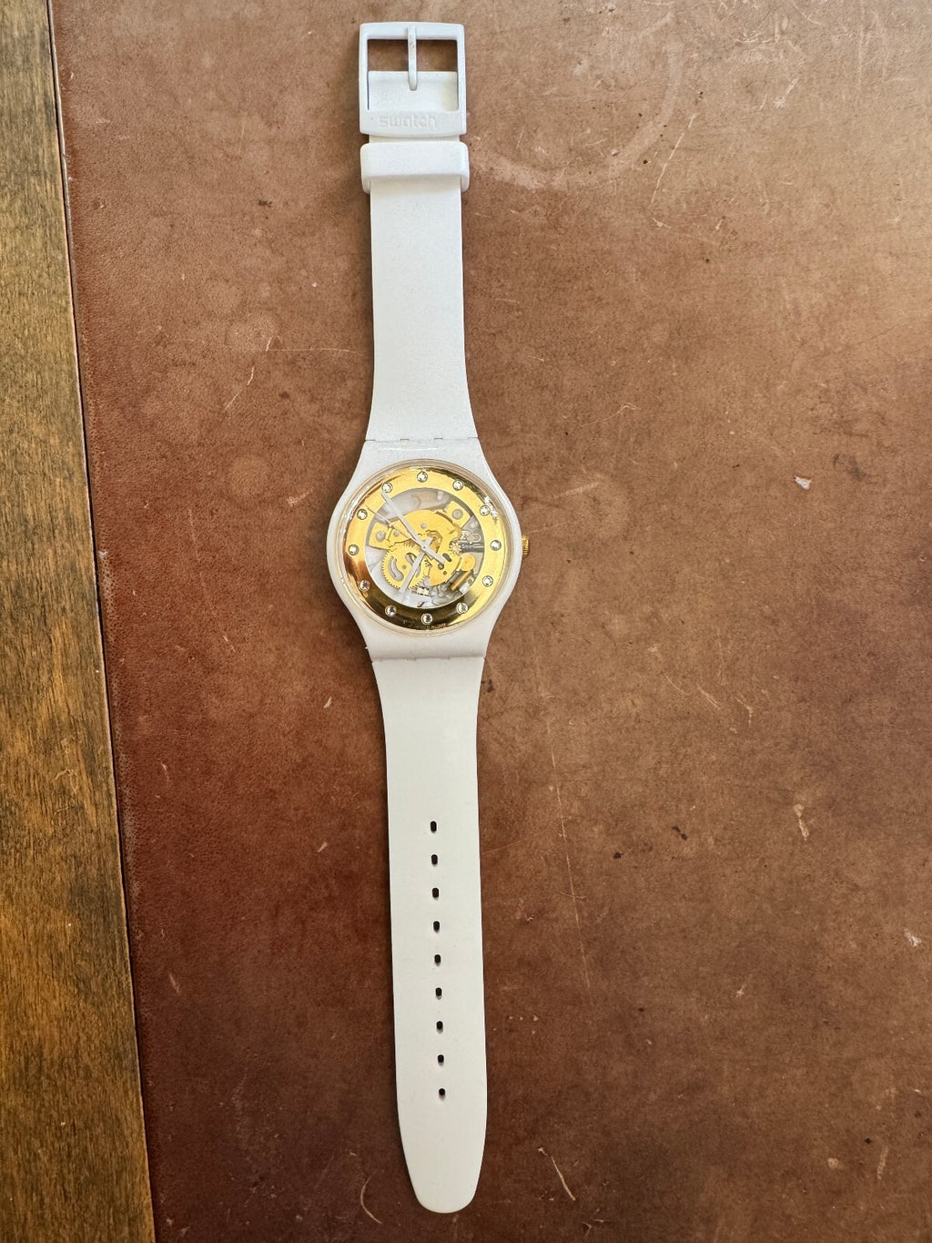 Swatch White Skeleton Quartz Watch – Swiss Made – Gold Tone Movement – 2012