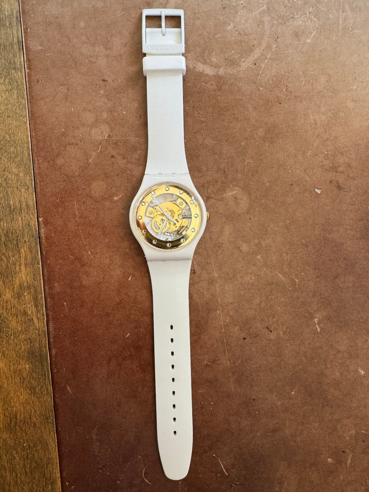Swatch White Skeleton Quartz Watch – Swiss Made – Gold Tone Movement – 2012