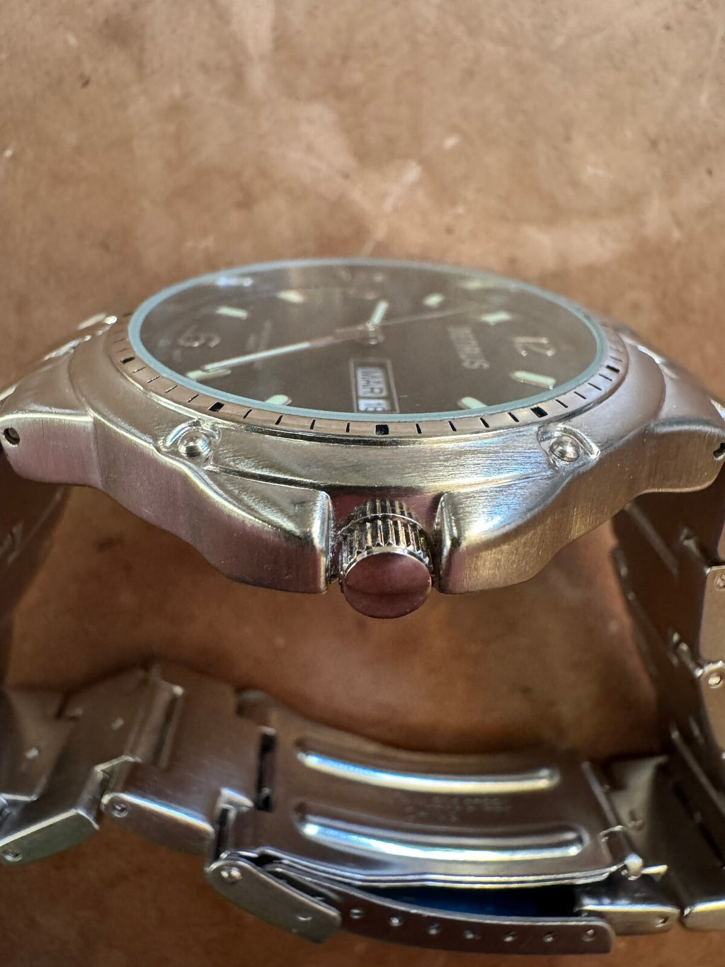 Vintage Benrus Advance Men's Quartz Watch Black Dial Day Date Stainless Steel