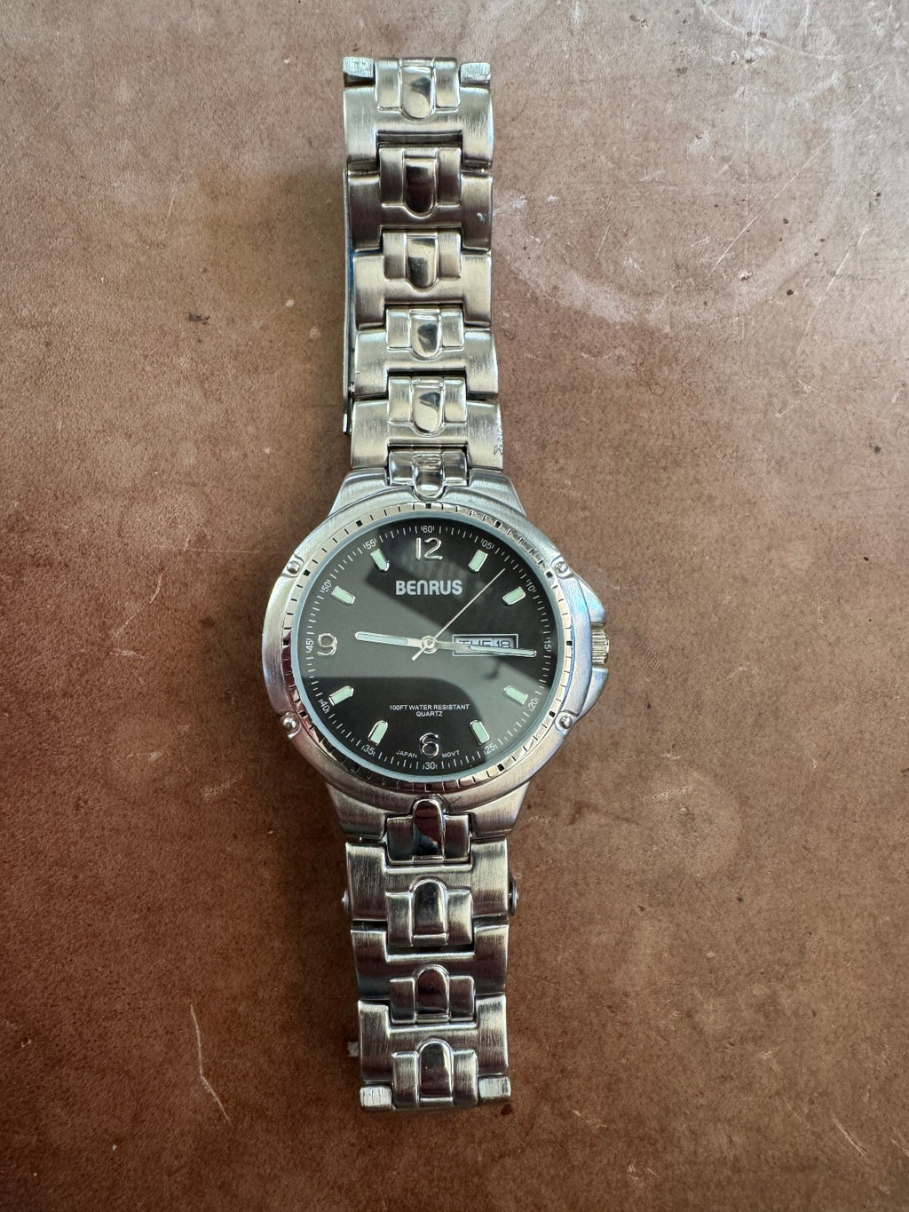 Vintage Benrus Advance Men's Quartz Watch Black Dial Day Date Stainless Steel