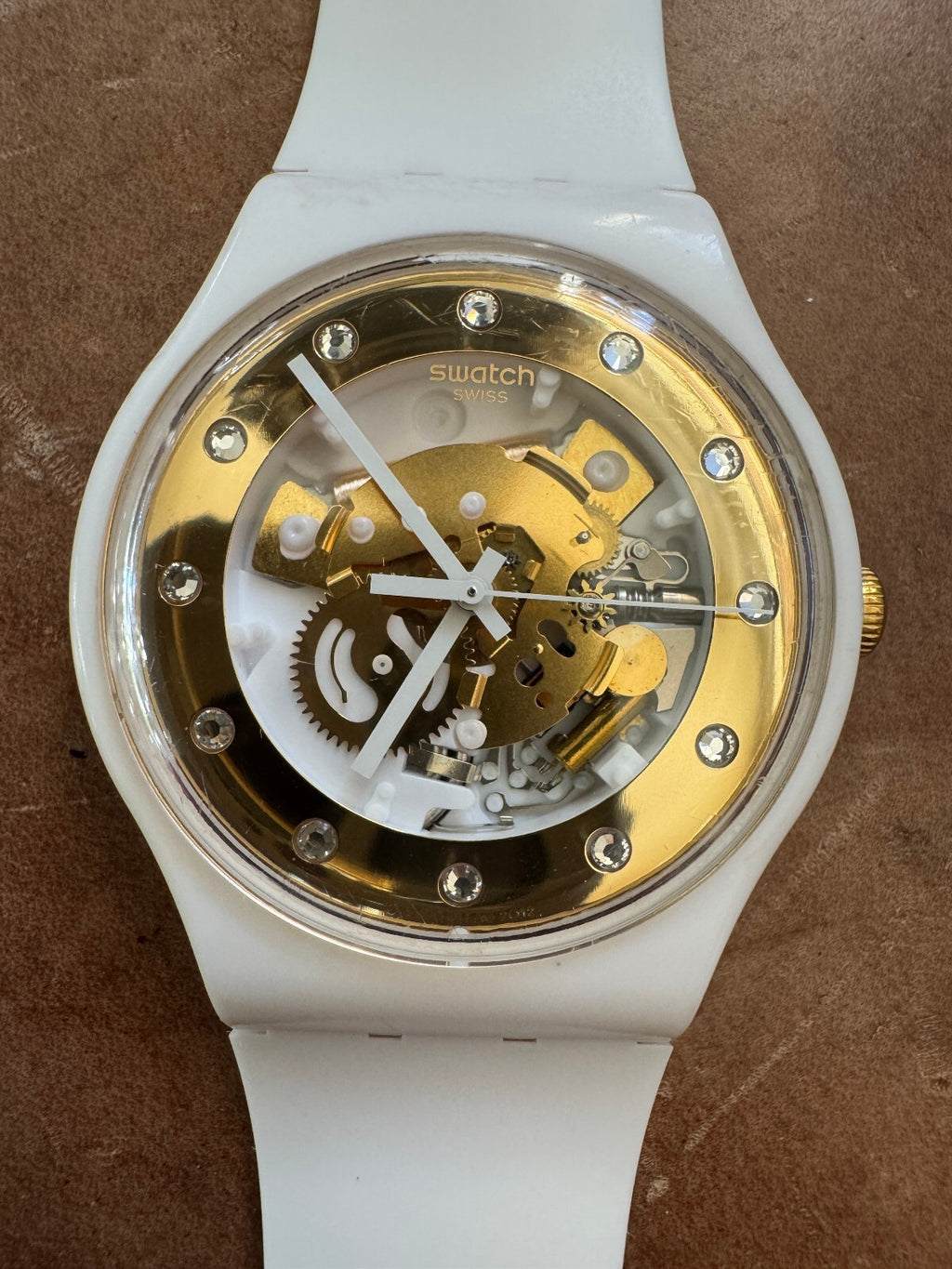 Swatch White Skeleton Quartz Watch – Swiss Made – Gold Tone Movement – 2012