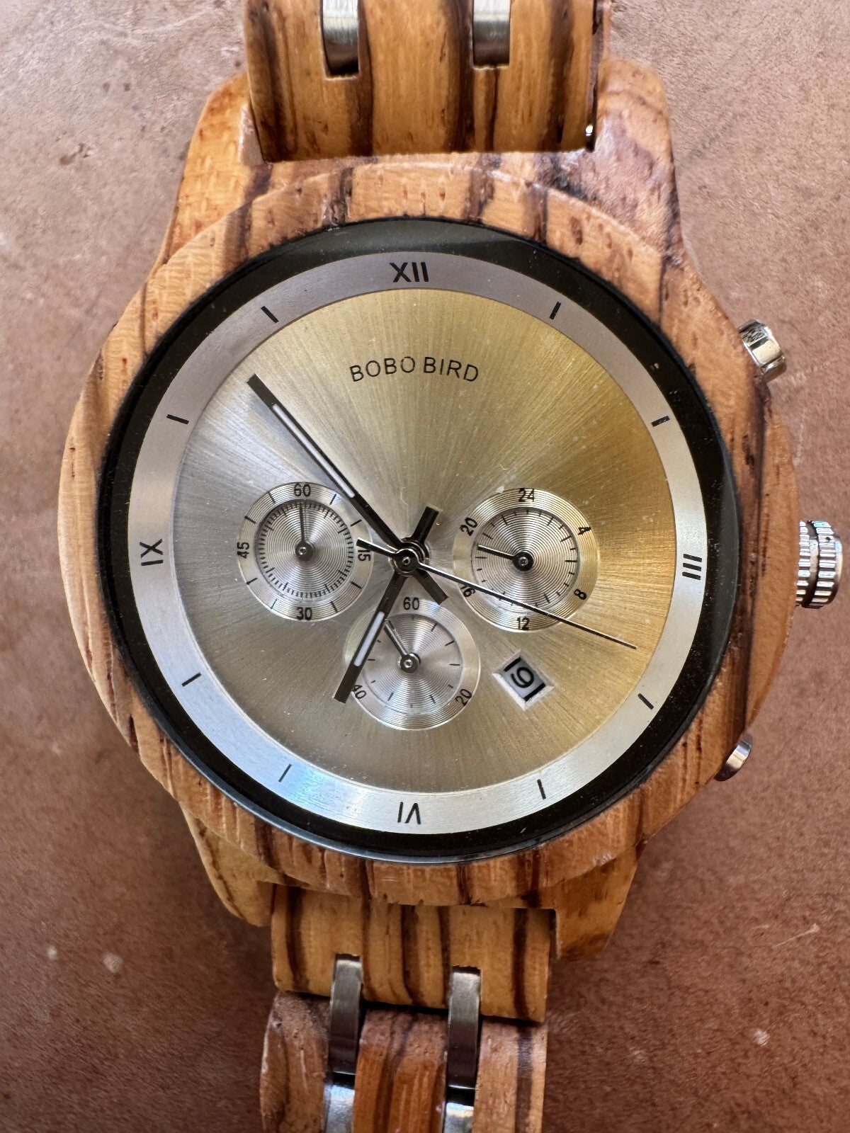 BOBO BIRD Zebrawood Men’s Quartz Chronograph Wood Watch Date Stainless Steel