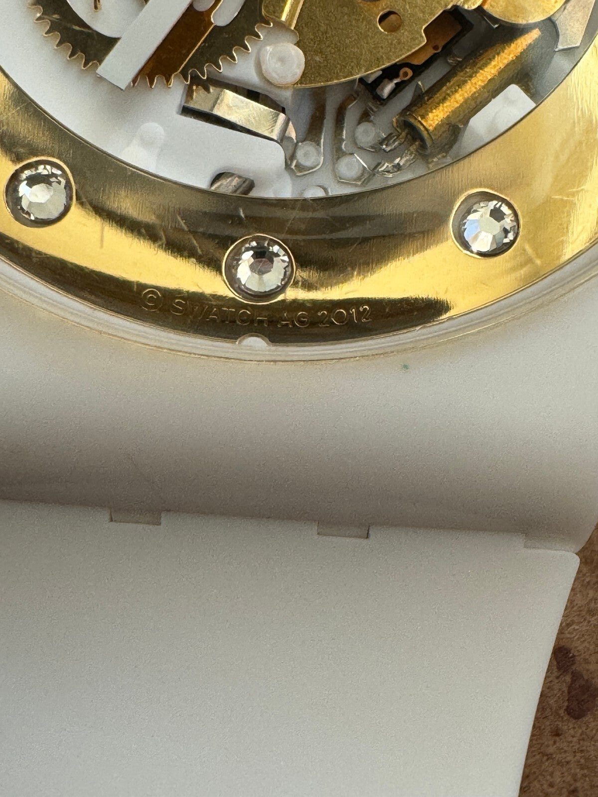 Swatch White Skeleton Quartz Watch – Swiss Made – Gold Tone Movement – 2012