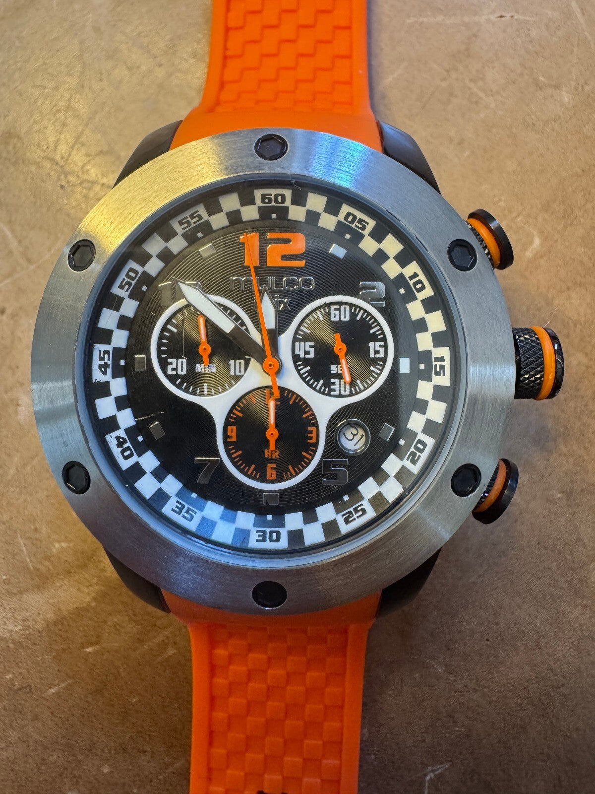 Mulco Max Chronograph – Swiss Ronda – Orange Silicone Strap – 10 ATM