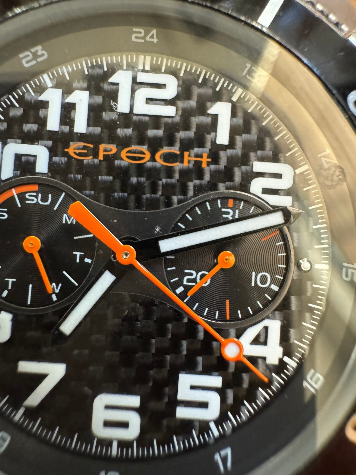 Epoch Men’s Stainless Steel Watch – Carbon Fiber Dial – Orange Accents – 330FT