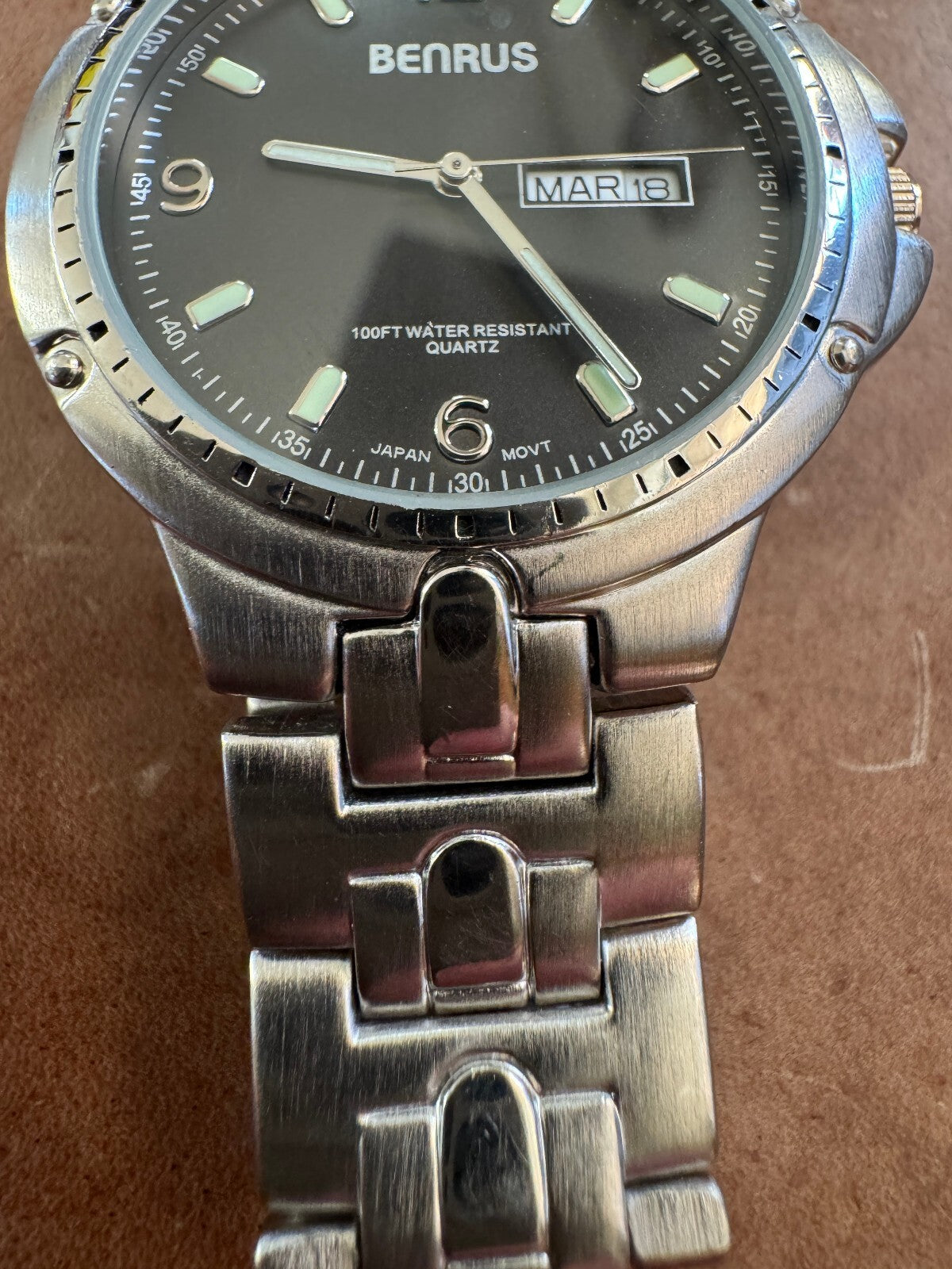 Vintage Benrus Advance Men's Quartz Watch Black Dial Day Date Stainless Steel