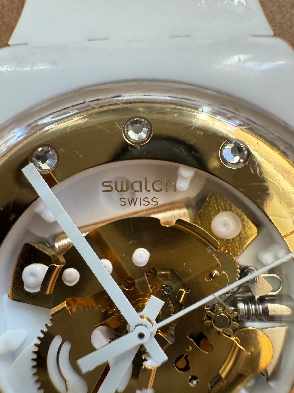 Swatch White Skeleton Quartz Watch – Swiss Made – Gold Tone Movement – 2012