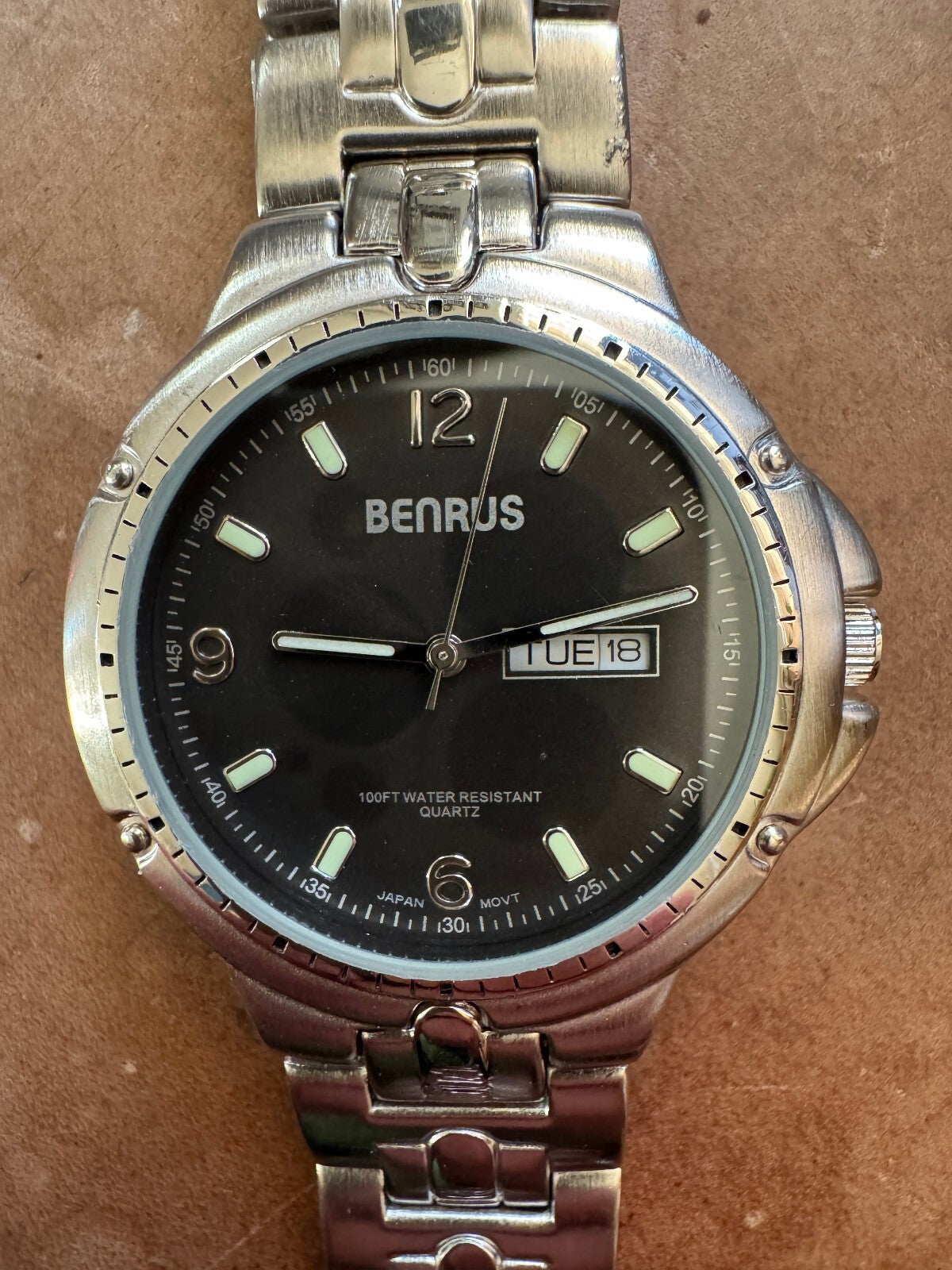 Vintage Benrus Advance Men's Quartz Watch Black Dial Day Date Stainless Steel